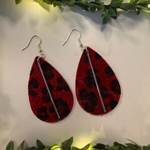 Handmade Red Leopard Teardrop‎ Earrings Faux Fur Drop Dangle Women’s